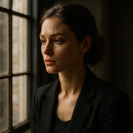 Portrait of a beautiful young woman in a black suit on the windowsill