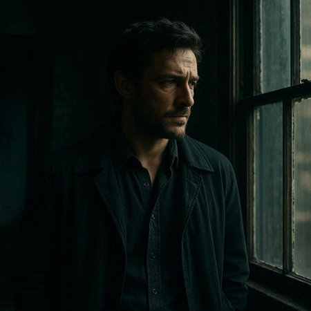 Portrait of a handsome man in a dark room with a window
