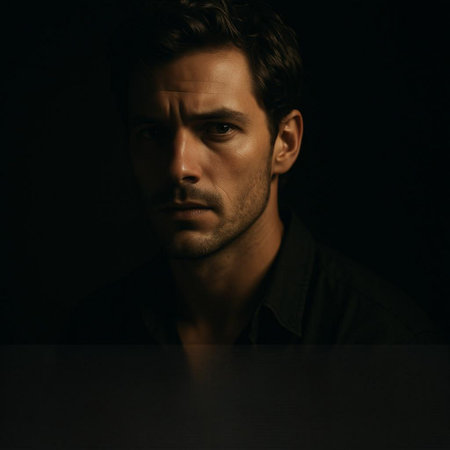 Portrait of a handsome young man in a black shirt on a dark background