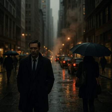 Businessman with umbrella on a rainy day in New York City.の写真素材