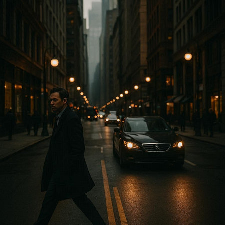 Businessman walking on the street in New York City at night.