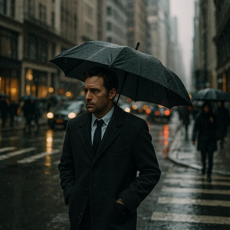 Businessman with umbrella in the rain. Rainy day in the city.の写真素材