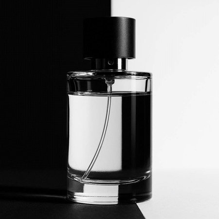 Perfume bottle isolated on black and white background with copy spaceの写真素材