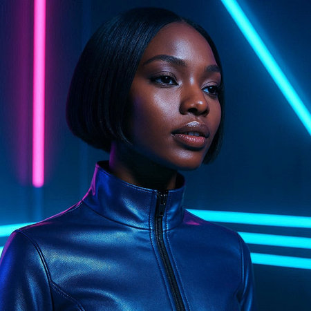 Beautiful african american woman in neon light. Fashion portraitの写真素材