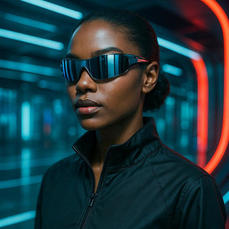 Fashionable black woman in futuristic sunglasses posing in neon light.
