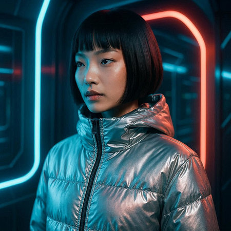 beautiful asian woman in winter jacket looking at camera in neon light