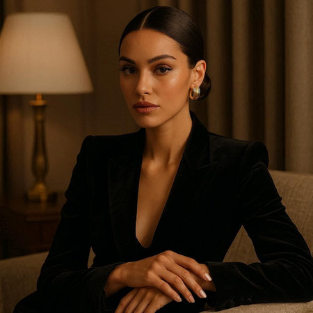 fashion interior photo of beautiful sensual woman with dark hair in elegant clothes and accessoriesの写真素材