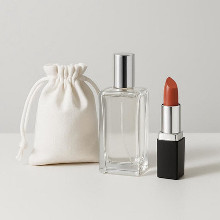 Lipstick, perfume and a bag on a white background.