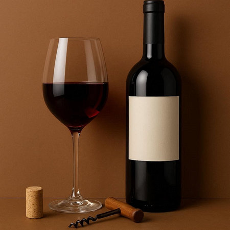 Bottle and glass of red wine with blank label on brown background