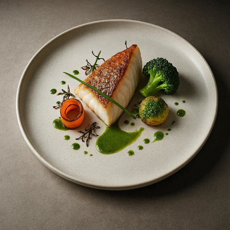 Fish fillet with vegetables on a white plate. Toned.
