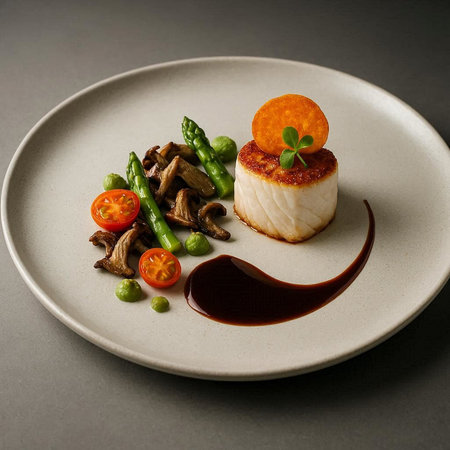 Delicious scallops with asparagus on a white plate