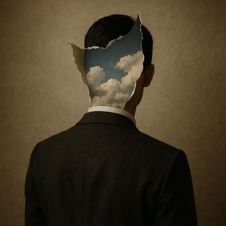 Businessman looking through a hole in a paper wall with clouds concept