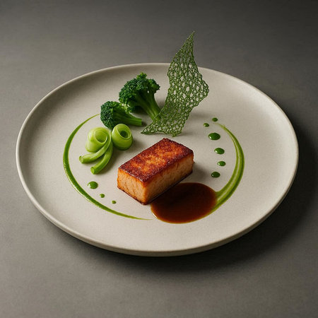 Fried fish fillet with soy sauce and green vegetables on a white plate