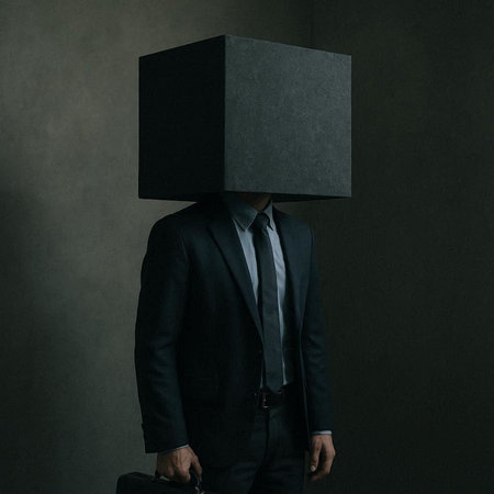 Businessman with a box instead of his head on dark background.の写真素材