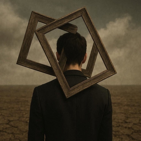 Businessman looking through a wooden frame in an empty desert environment concept