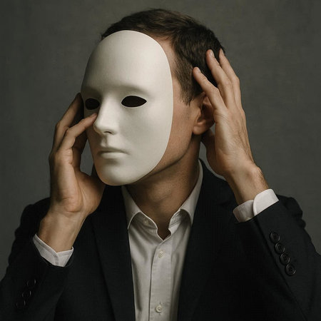 Businessman with white mask on his face. Black background. Studio shot.