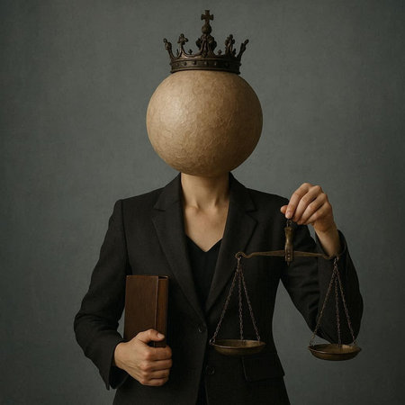 Woman in a suit and a crown on her head holding scales of justiceの写真素材
