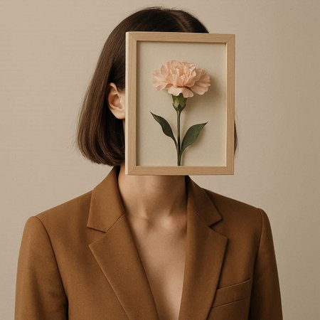 Woman holding a picture frame with a flower on her face, close up
