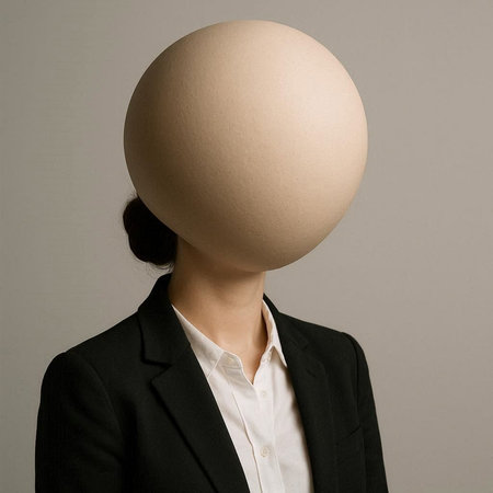 Businesswoman with a ball instead of her head, isolated on gray background