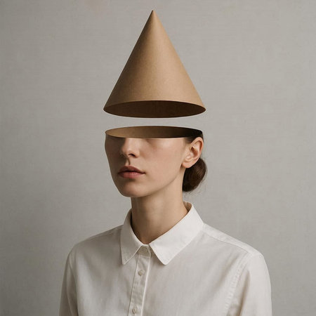 Woman with paper cone on her head. Portrait of woman in party hat.