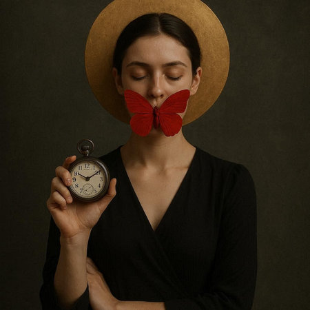 Portrait of beautiful young woman in hat and black dress with clock