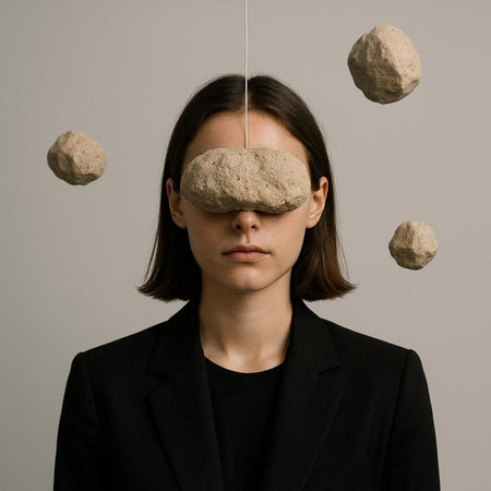 Young woman wearing a blindfold covering her eyes with stone balls on grey background
