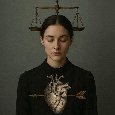 Woman in black sweater with heart and arrow on dark grey background. Concept of health and medicineの写真素材