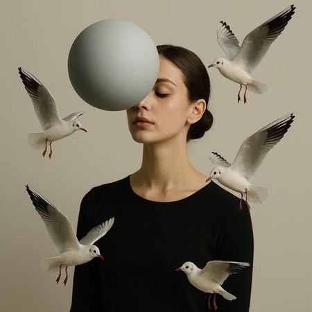 Young woman with white ball and seagulls on grey backgroundの写真素材
