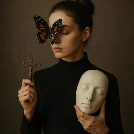 Beautiful woman with a butterfly on her face and a wooden cross