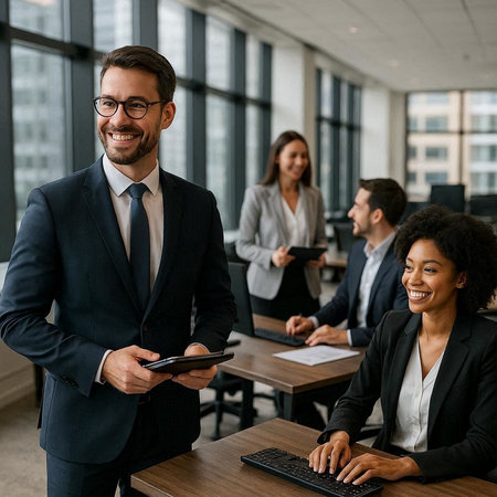Portrait of a smiling businessman holding a digital tablet in front of his team