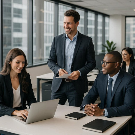 smiling multiethnic businesspeople working with laptop in modern office