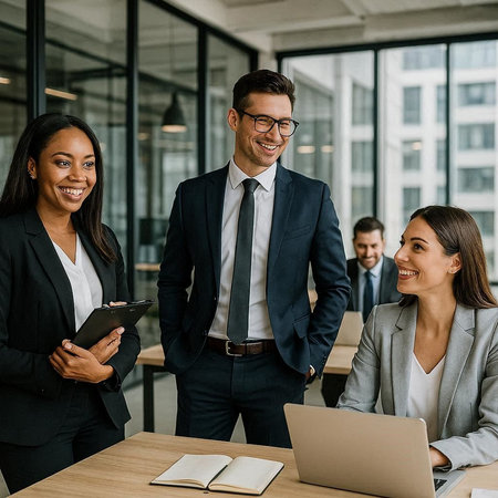 Portrait of smiling business people working together in office. Business people working together in...