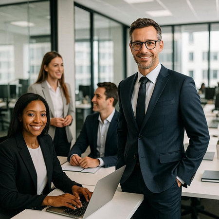 portrait of smiling businessman in eyeglasses looking at camera near colleagues in office
