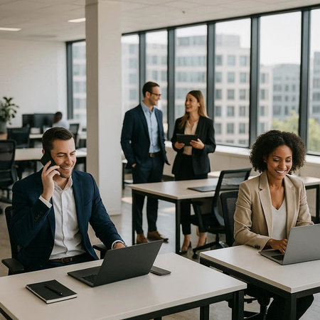smiling businesswoman talking on smartphone while colleague using laptop in office
