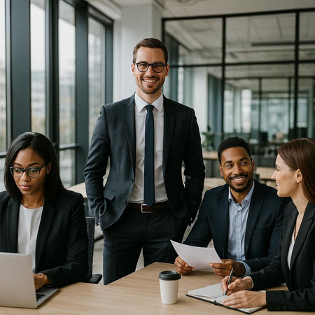 Portrait of smiling young business team sitting at the table in office