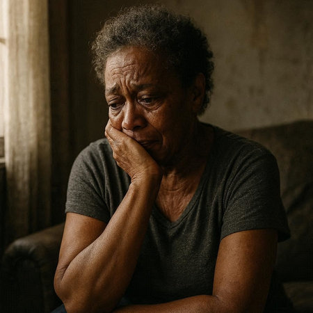 Portrait of an elderly African American man sitting in a dark room.