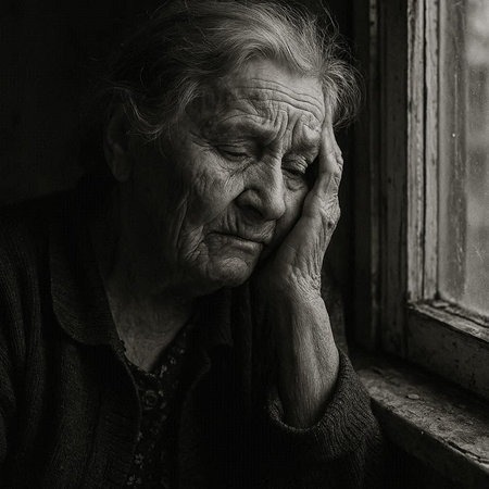 Portrait of an elderly woman in depression. Black and white photo.