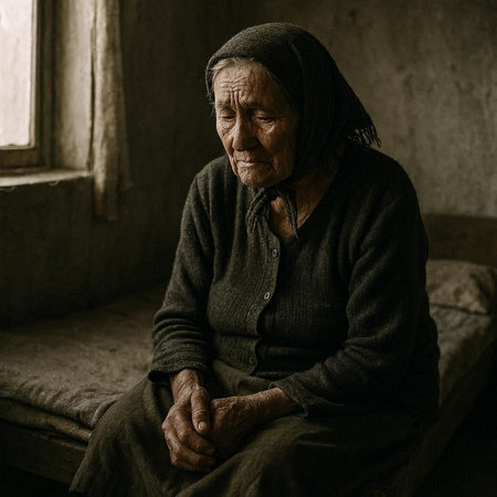 Portrait of an old woman sitting on a bench in an old houseの写真素材