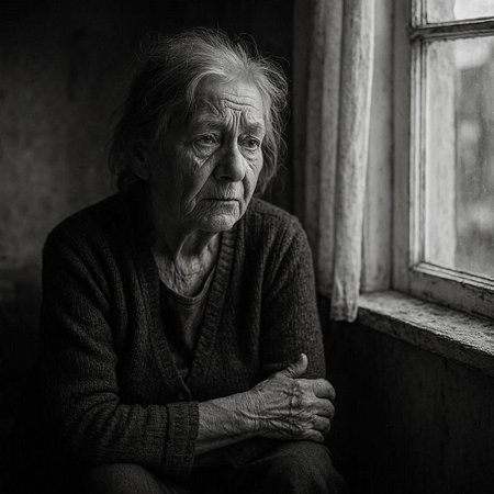 Portrait of an elderly woman sitting near the window. Black and white photo.の写真素材