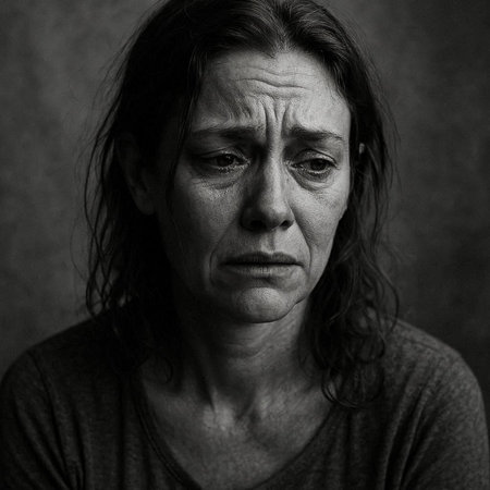 Portrait of an elderly woman with tears on her face. Black and white.