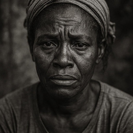 Portrait of an elderly African woman in black and white tones.の写真素材