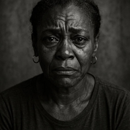 portrait of a sad and depressed black afro american old woman suffering depression and anxiety looking desperate and worried in black and white backgroundの写真素材