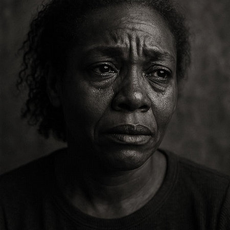 Portrait of a sad and depressed black African American senior woman looking at the camera.の写真素材