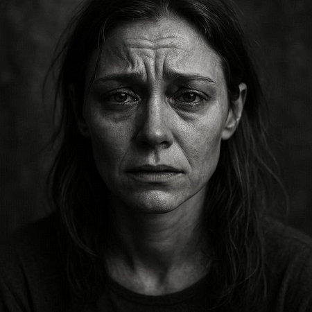 Portrait of a sad and depressed woman. Black and white photo.の写真素材