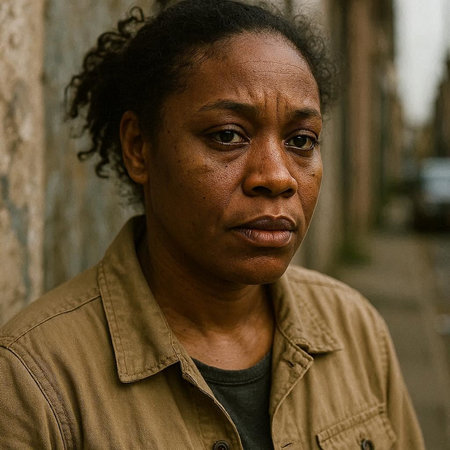 Portrait of an African American woman with a sad expression on her face.の写真素材