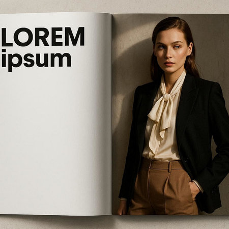 Young beautiful businesswoman in black suit and beige skirt is standing near wall with sheet of paper with the inscription on it.の写真素材
