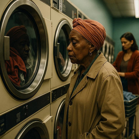 Old african american woman using washing machine in laundromatの写真素材
