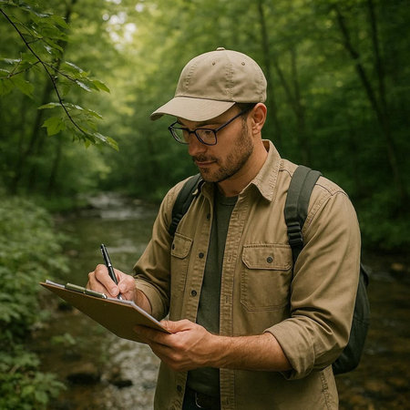 Handsome young man in a cap with a backpack is writing in a notebook in the forest.の写真素材