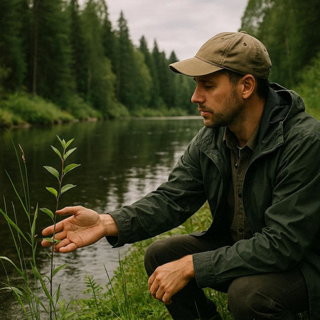 Handsome young man with a beard in a green jacket and cap sits on the bank of a mountain river and...
