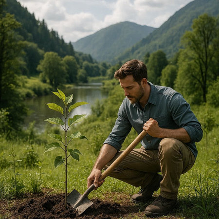Handsome man planting a tree on the bank of a mountain river
